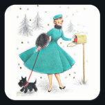 Vintage Retro Christmas Woman with Scotty Dog Square Sticker<br><div class="desc">Vintage Retro Christmas Woman with a Scotty Dog Holiday Stickers. This would be cute for sticking onto your holiday card envelopes for seals to send out to your friends and family for the holiday season. Also perfect for crafts,  collectables,  gift packaging and more.</div>