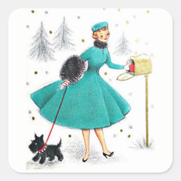 Vintage Retro Christmas Woman with Scotty Dog Square Sticker