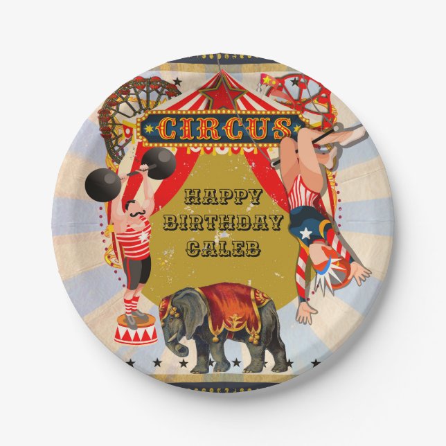 Vintage Retro Circus Birthday Party Personalised Paper Plate (Front)
