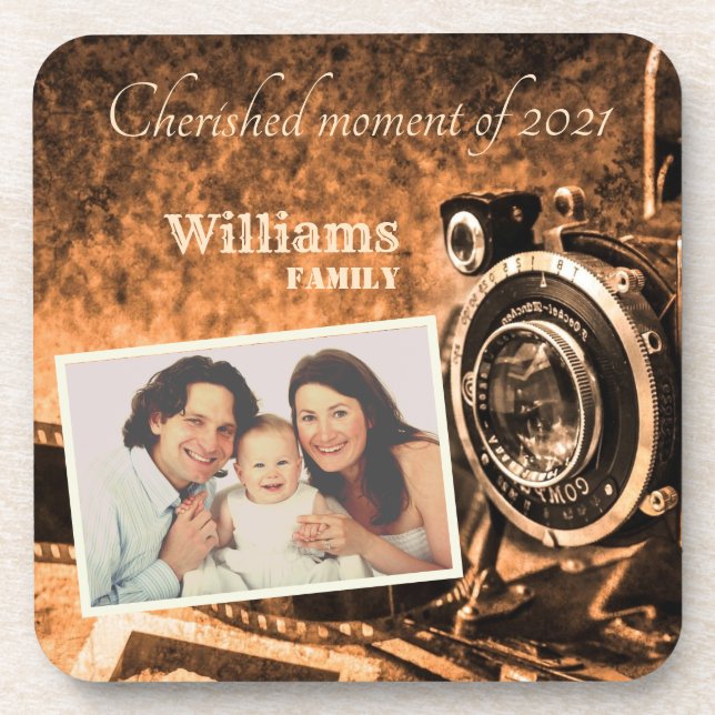 Vintage retro classic camera rustic custom family  coaster (Front)