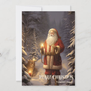 Vintage retro classic Santa Claus in the forest Holiday Card
