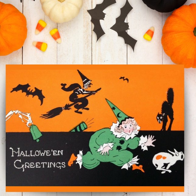 Vintage Retro Clown Girl Custom Halloween Holiday Card (Vintage Retro Clown Girl Custom Halloween Card with editable message. Just add your name!)