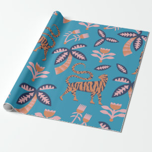 vintage retro color tiger, palm tree, flower seaml wrapping paper