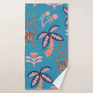 vintage retro colour tiger, palm tree, flower seam bath towel