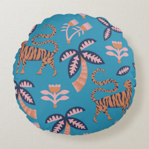 vintage retro colour tiger, palm tree, flower seam round cushion