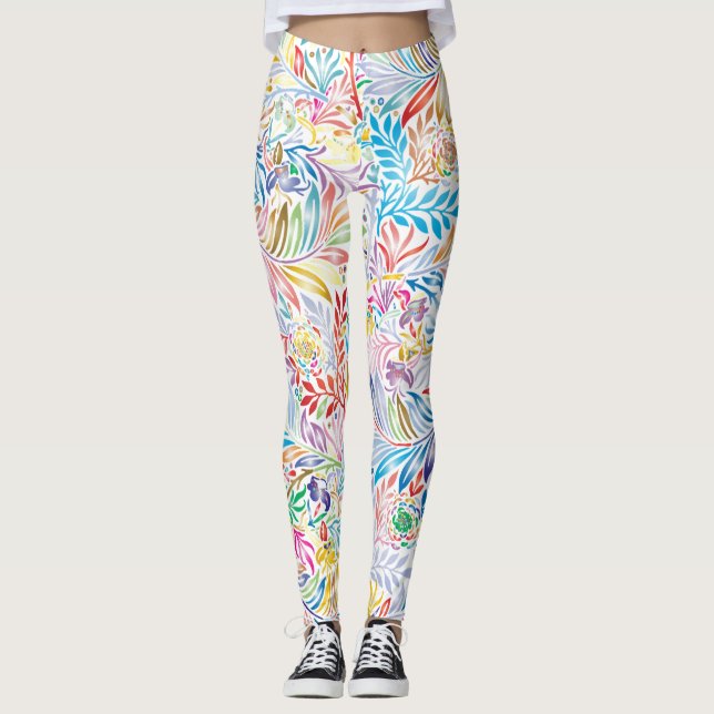 Vintage Retro Colourful Leafy Floral Illustration Leggings (Front)