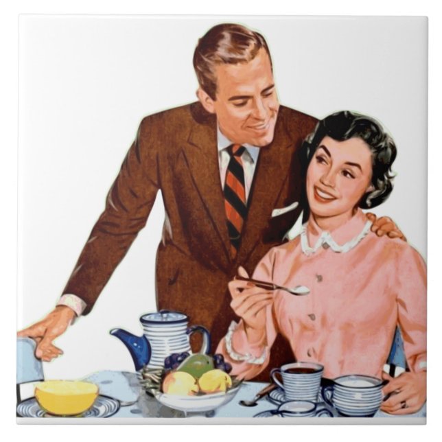 Vintage Retro Couple at Dinner Table Tile (Front)