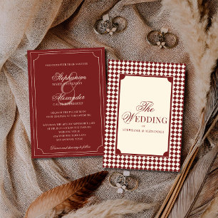 Vintage Retro Deep Red Checkered Old Money Wedding Invitation