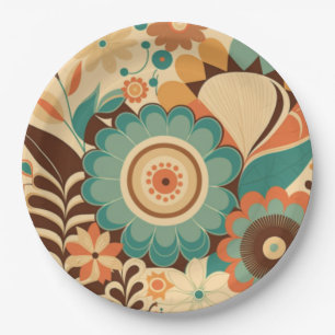Vintage retro design floral brown beize green paper plate