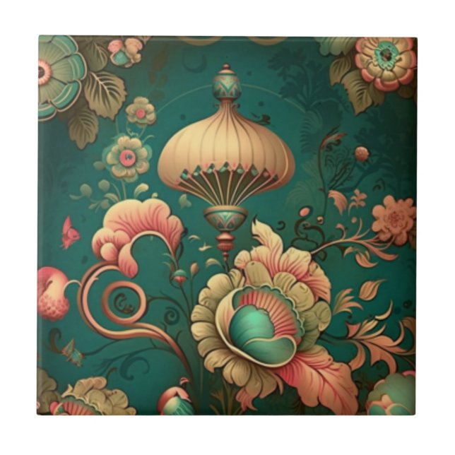 Vintage retro design floral green Ceramic Tile (Front)