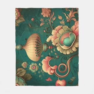 Vintage retro design floral green fleece blanket
