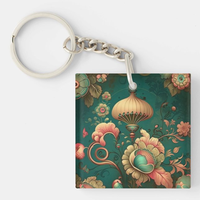 Vintage retro design floral green key ring (Front)