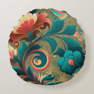 Vintage retro design floral green round cushion