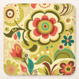 Vintage retro design floral light green square paper coaster