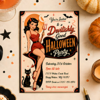 Vintage Retro Devil Pinup Halloween Party Invitation