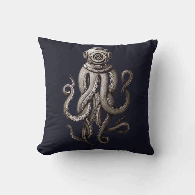 Vintage Retro Diving Suit Octopus Graphic Design Cushion (Front)