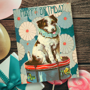 Vintage Retro Dog On Drum Happy Birthday Card