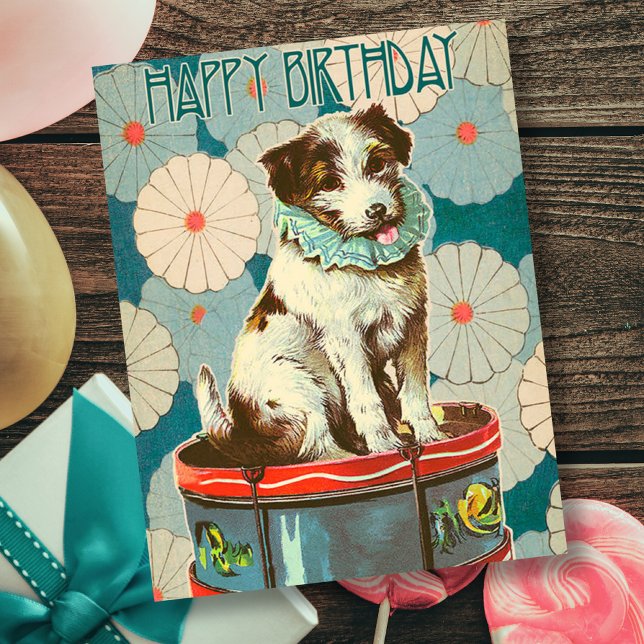 Vintage Retro Dog On Drum Happy Birthday Card (Creator Uploaded)