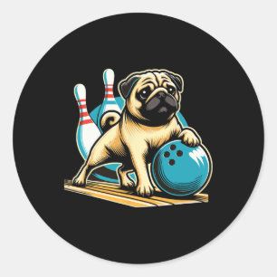 Vintage Retro Dog Pug Playing Bowling  Classic Round Sticker