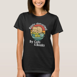 Vintage Retro Easily Distracted By Cats And Books T-Shirt