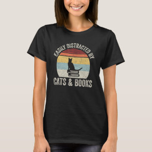 Vintage Retro Easily Distracted By Cats And Books T-Shirt