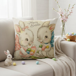 Vintage Retro Easter Bunny Couple Cushion