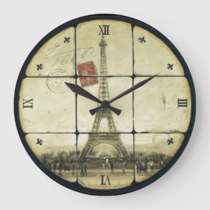 Vintage Retro Eiffel Tower Fleur De Lis Design Large Clock