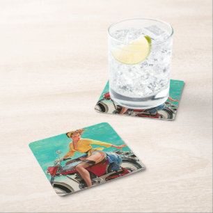 Vintage Retro Elvgren Motorcycle Biker Pin-UP Girl Square Paper Coaster