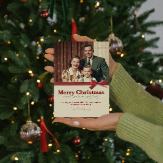 Vintage Retro Family Photo Red Ribbon Christmas Holiday Card