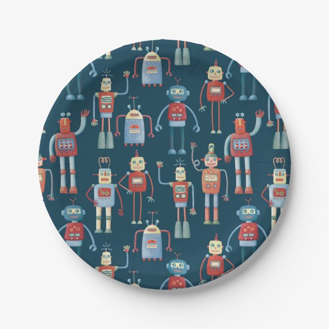 Vintage Retro Fun Robot Pattern Paper Plate (Front)