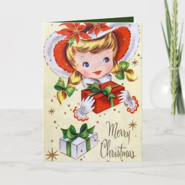 Vintage retro girl add message Christmas card (Front)