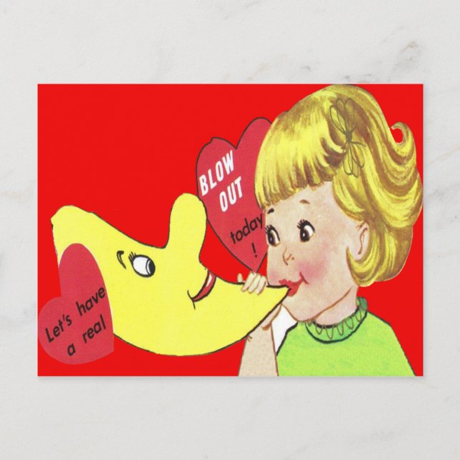 Vintage Retro Girl Blowing Balloon Valentine Card (Front)