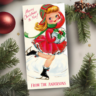 Vintage Retro Girl Ice Skater Custom Christmas Holiday Card