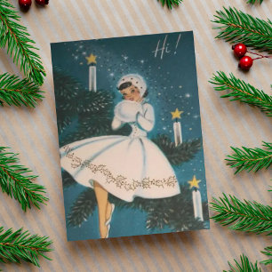 Vintage Retro Girl in White Christmas Holiday Card