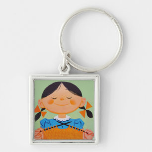 Vintage Retro Girl Knitting Key Ring