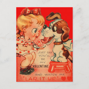 Vintage Retro Girl & Puppy Valentine Card