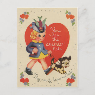 Vintage Retro Girl Walking Puppy Valentine Card