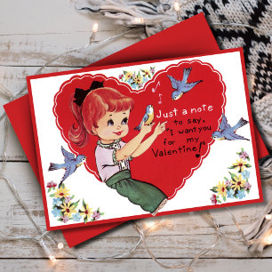 Vintage Retro Girl with Bluebirds Custom Valentine Holiday Card