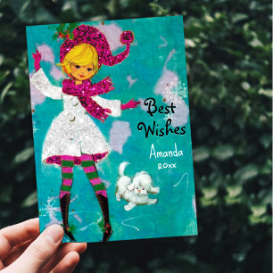 Vintage retro girly Christmas new year greeting  Holiday Card