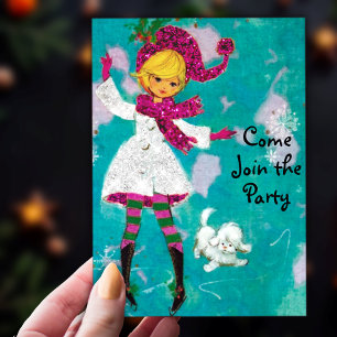 Vintage retro girly Christmas new year greeting  Invitation
