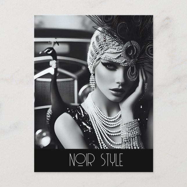 Vintage retro glamour girl with peacock postcard (Front)