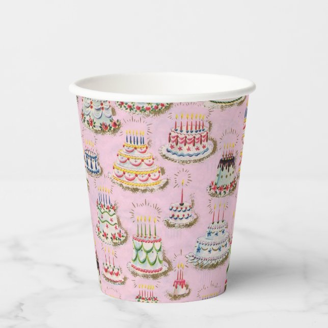 Vintage Retro Happy Birthday Cakes Paper Cups (Front)