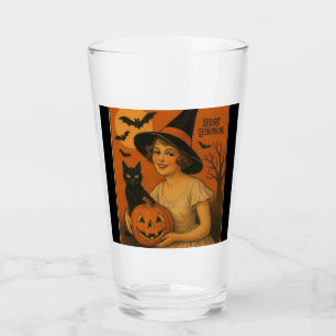 Vintage/retro Happy Halloween witch, cat, pumpkin Glass