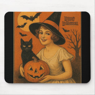 Vintage/retro Happy Halloween witch, cat, pumpkin Mouse Pad