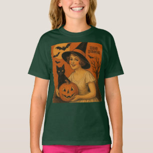 Vintage/retro Happy Halloween witch, cat, pumpkin T-Shirt