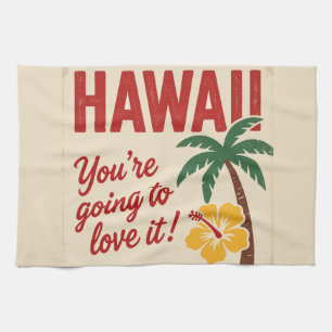 Vintage Retro Hawaiian Islands Travel Illustration Tea Towel