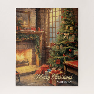 Vintage retro illustration cosy Christmas home Jigsaw Puzzle