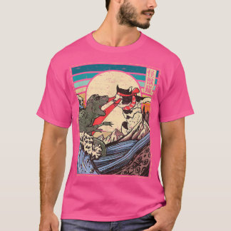 Vintage Retro Japanese Great Wave Cat Vs Monster O T-Shirt