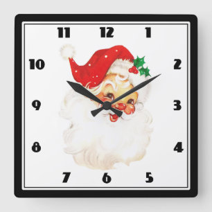 Vintage Retro Jolly Old Santa Claus Christmas Square Wall Clock