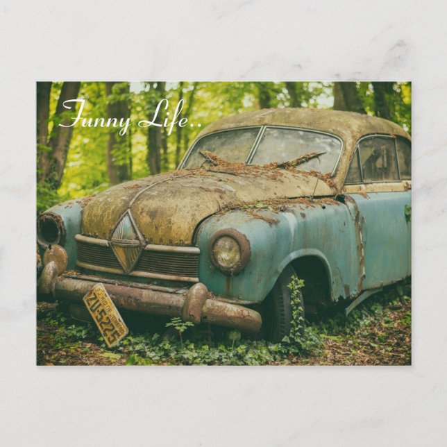 Vintage Retro Junkyard Scrap Rust Car Postcard (Front)